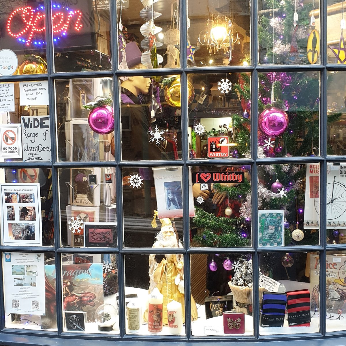 Our shop window with Pandemonium looking festive now! If you are looking for some different and unusual Christmas gifts then this is the place to visit! Steampunk, goth, alternative and much more. <a href="/PandemoniumGoth/">Pandemonium</a> #giftideas #christmasgiftsideas