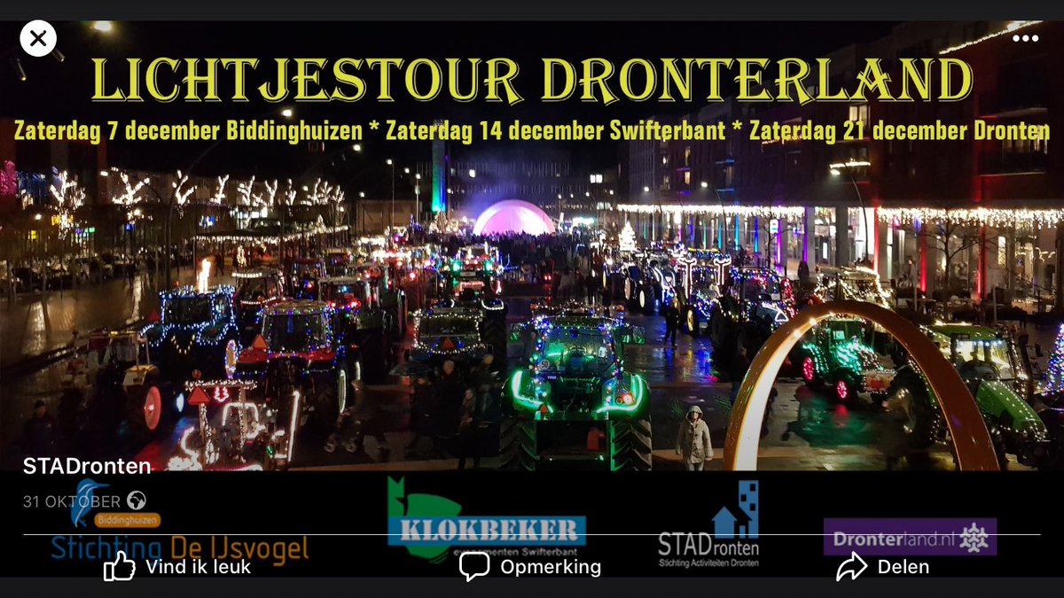 Zaterdag 14 december lichtjestour in Swifterbant. Start om 17:00 uur