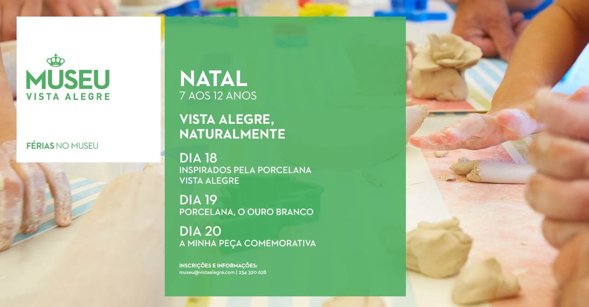 Aproveite as #férias dos seus filhos para porem as mãos na massa no #MuseuVistaAlegre: aprender a modelar pasta de porcelana e pintar peças nas oficinas. E no final, ainda levam a sua peça para oferecer no Natal! bit.ly/33NLfoP
+INFO: museu@vistaalegre.com |+351234320628