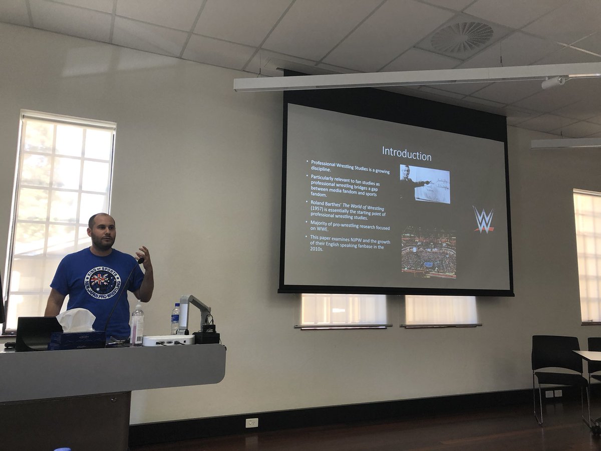 JackieRaphael's tweet photo. Appreciating Kevin Chiat’s extra effort to match his shirt to the theme of his presentation on Japanese Pro-wrestling #FPRC2019 #UWA #Perth https://t.co/LPSfMw0jiE