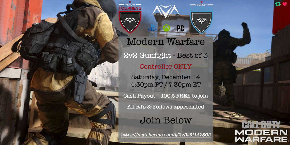 vnmTourney's tweet photo. Congrats to our 2v2 #ModernWarfare Gunfight All-Platform - 10pm ET 🏆#vnmChamps 

Team’s Name🥇 ShortKings  

Link(s)/@ 🗣 

@Jacob__Jorg
 
@DarrrylG

Follow da #vnmChamps #vnmNews #GameON https://t.co/ePab63BOTf