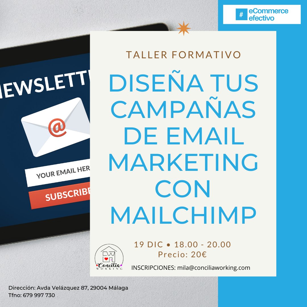 Conciliaworking's tweet photo. ¿QUIERES APRENDER #MAILCHIMP PARA DISEÑAR TUS CAMPAÑAS DE #EMAIL #MARKETING DE FORMA FÁCIL?
El próximo 19 de diciembre a las 18:00h, Alicia Macías impartirá un Taller de MailChimp  Reserva tu plaza en mila@conciliworking.com
PLAZAS LIMITADAS https://t.co/qqv007VY5H