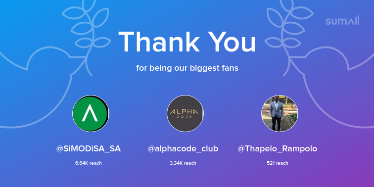 Our biggest fans this week: SiMODiSA_SA, alphacode_club, Thapelo_Rampolo. Thank you! via sumall.com/thankyou?utm_s…
