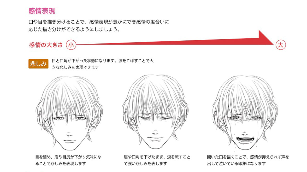 玄光社 超描けるシリーズ 在 Twitter 上 超描ネタ帳 悲しみの表現は 目と口角を共に下げることがポイント 最大限の慟哭を描く際には開いた口を描くことで 感情がより強調されます つよ丸さん Tsuyomaru1a 著 色気のある男の描き方 より T Co