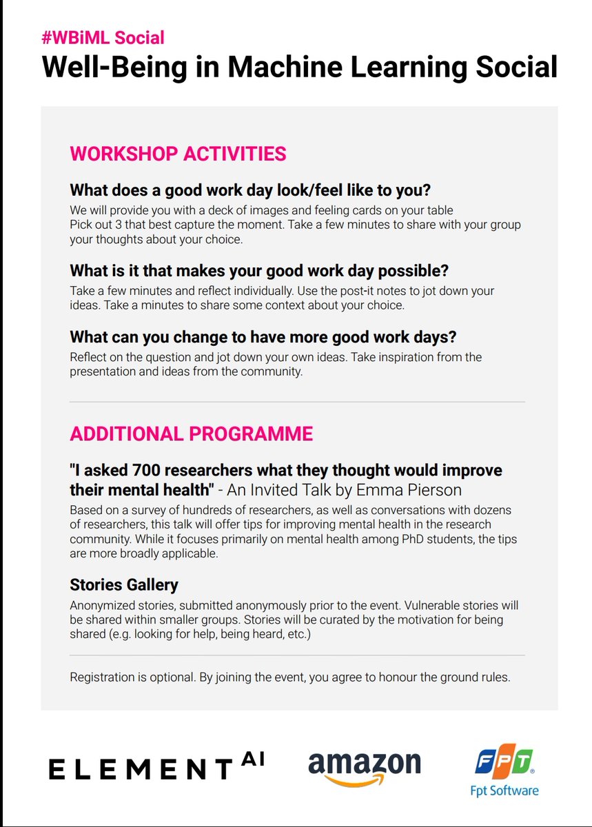 alkalait's tweet photo. The #WBiML team has been working round the clock to prepare something special for those at @NeurIPSConf
Tues 19:00-22:00, West Level 2, Room 202-204
#NeurIPS2019 #Mentalhealth #Wellbeing #WorkLifeBalance #Academia https://t.co/g6zzM6ZgcF