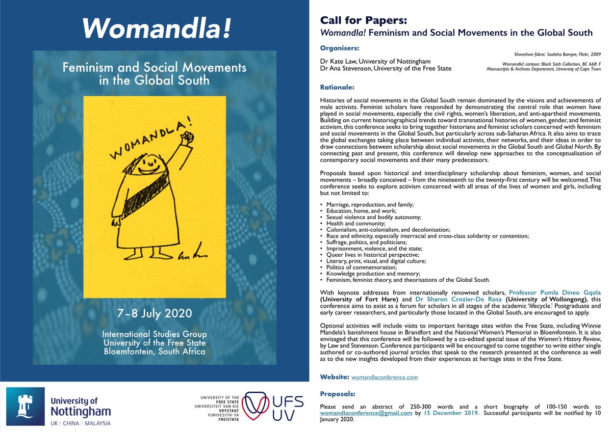DrAnaStevenson's tweet image. Get your submissions in for #Womandla! Feminism and Social Movements in the Global South!

Abstracts due 15 December 2019: womandlaconference.com

#CFP #twitterstorians #wmnhist #histgender #blackhistory #histsex #histchild #feminism
