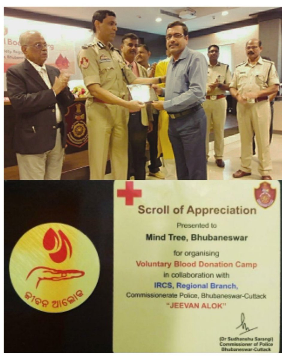 MishaSailesh's tweet photo. @MindtreeCSR we are felicitated by the commissioner of police , Bhubaneswar towards the effort in organizing blood donation camp. https://t.co/ViG3lyVycB