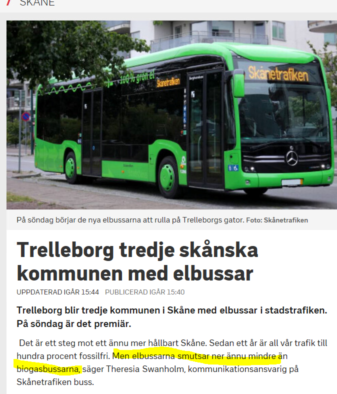 Och vad är miljönyttan med att byta ut #biogas bussar till #el? Gissningsvis noll eller t.o.m. negativ. Att bara fokusera på avgasröret och inte WTW är märkligt. Ännu märkligare att ersätta ett förnyelsebart bränsle med #el . Det är FOSSILT som skall bort, inte förnyelsebart?