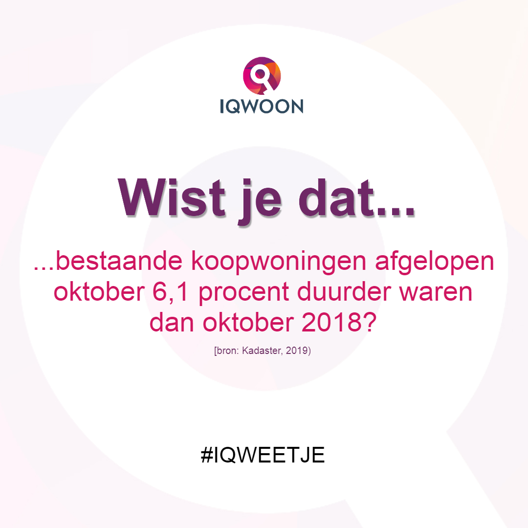IQWOONhypotheek's tweet photo. Bestaande koophuizen waren in oktober ruim zes procent duurder vergeleken met vorig jaar. En vergeleken met juni 2013 lagen de prijzen in oktober 41% hoger (Kadaster, 2019). #weetjes #iqweetje https://t.co/MzN5BTfriz
