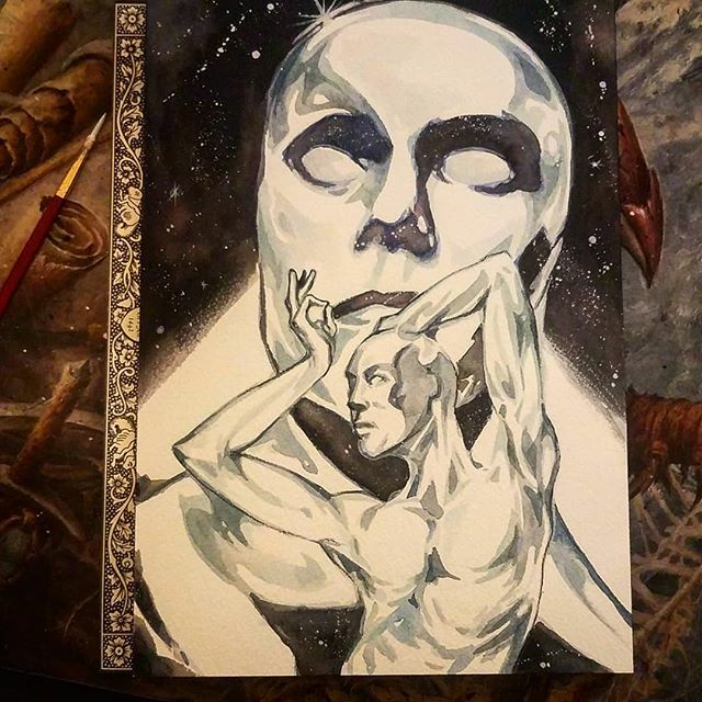sin_potter's tweet photo. Just finished this silver surfer piece full water color. I absolutely love using arches fine grain paper. #silversurfer #comicbookart #comicbookartist #ink #sinpotter #painting #marvelcomics #marvel #galactus #cosmic #hero #space #watercolor #art https://t.co/gfJr6jTVbo https://t.co/F6Mj1TuNQo
