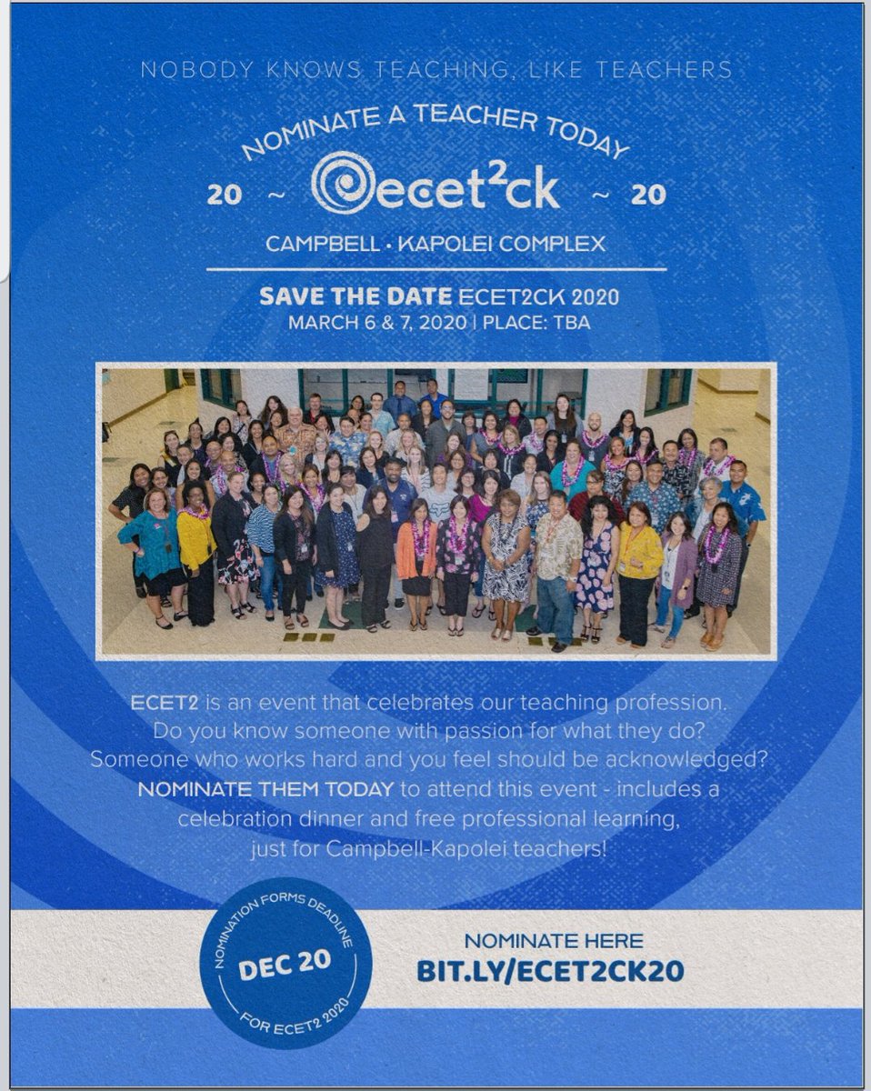 Do you know a 
Campbell-Kapolei complex teacher  deserving to attend ECET2CK 19-20 to be honored &amp; celebrated? Nominations are open: bit.ly/ecet2ck20
<a href="/Stajima1Stajima/">Sean Tajima</a>