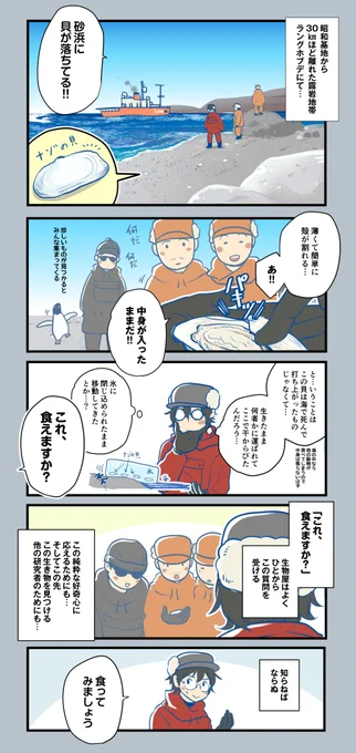 久しぶりに南極でのエピソードを。ふじの7次隊では輸送が終わった後にこのラングホブデに立ち寄ってペンギンの観察をしました。そこの砂浜に落ちていた謎の貝を食べた…と。生物の研究の世界ではそれは普通なの? 妙なガッツを感じて好きな話です。#ふじと南極のなかまたち 