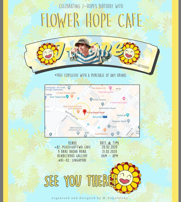 flowerhopesg's tweet photo. [⛅x🌻] 🇸🇬ARMYs - Celebrating J-HOPE's birthday with #FLOWERHOPECAFESG!! 
Save the dates!
📍 +82 @pluseighttwosg cafe
🗓 20.02.2020~21.02.2020
🕒 11:00hrs ~ 20:00hrs (11AM-8PM) NEW TIMING‼️
@_hopefulsky https://t.co/qUMAHKfmHZ