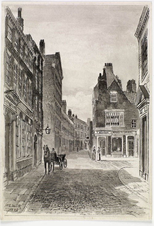 Hull_Museums's tweet photo. A view down High Street, #FSSmith 1888.
The corner of Salthouse Lane is on the right with the entrance to Salthouse Lane Staithe hidden behind the horse-drawn carriage.
The Anchor public house, run at the time by landlord Thomas Hewson, can be seen in the background #OldHull https://t.co/qf36VUMhhX