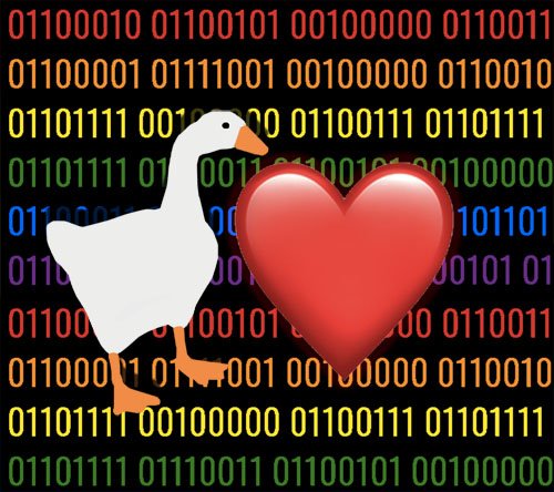 A goose and a heart emoji in front of zeros and ones in rainbow colors