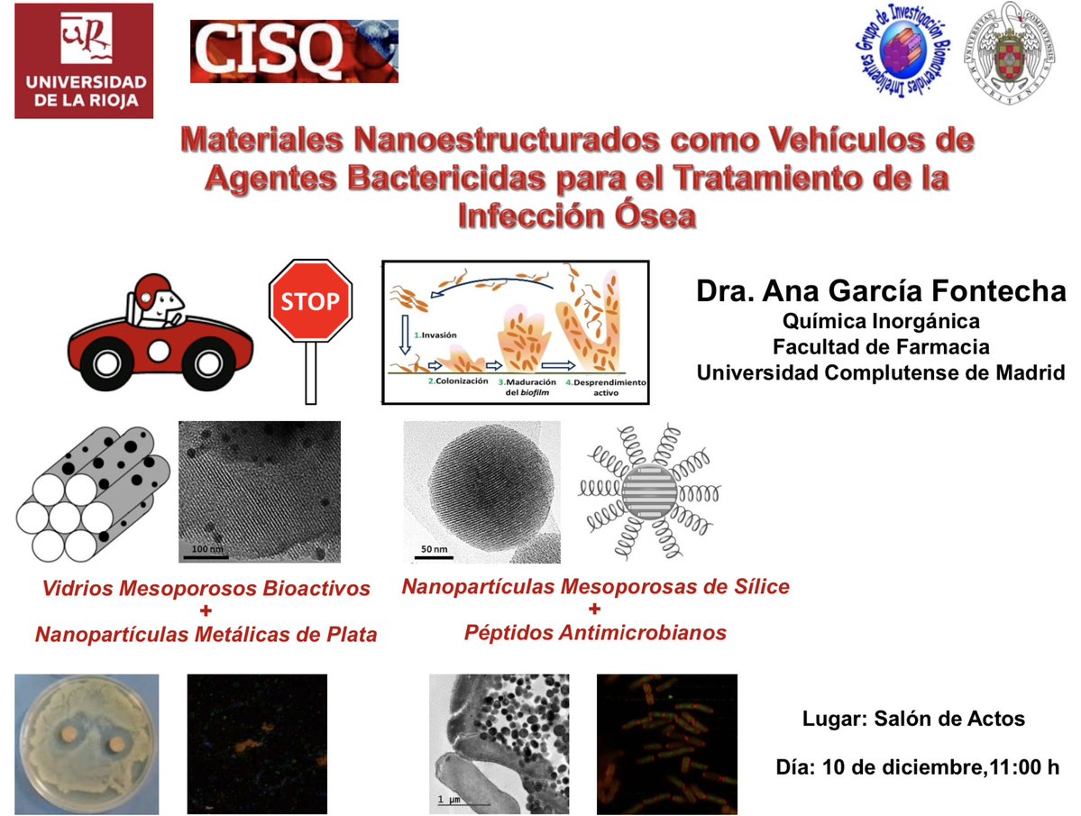 doctoradoUR's tweet image. Nuestra doctora Ana García Fontecha, investigadora de la @unicomplutense ofrece hoy la conferencia &apos;Materiales nanoestructurados como vehículos de agentes bactericidas para el tratamiento de la infección ósea&apos; 11h #CCT #CISQ ow.ly/73Zr50xw3gt