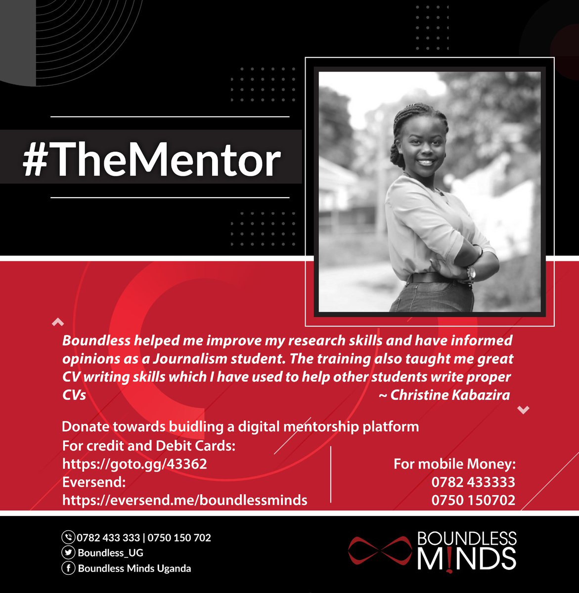 BoundlessMinds_'s tweet photo. Part of our dream for #TheMentor is to turn the #BoundlessProfessionals into peer trainers β to scale.
You can support us to create more Christines by donating at least $10.
Click: https://t.co/oMiJWSTvPk (credit card)or 0782433333/0750150702 to get us closer https://t.co/CI97F3YgPO