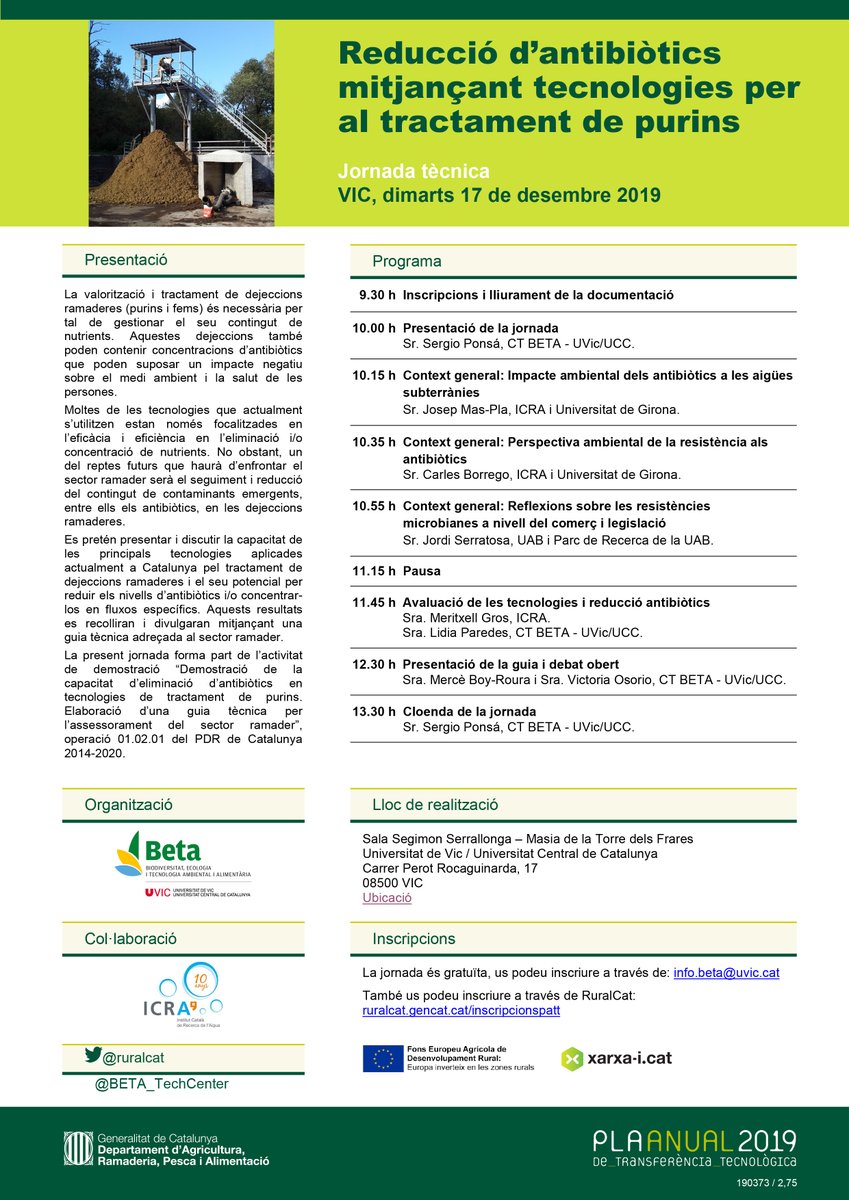 ruralcat's tweet image. 📌Jornada tècnica "Reducció d’antibiòtics mitjançant tecnologies per al tractament de purins". #PATT2019 

📅17/12
🕝9.30h
📍Vic
ℹ️bit.ly/2LECkzL @agriculturacat @uvic_ucc @univgirona @IcraWater