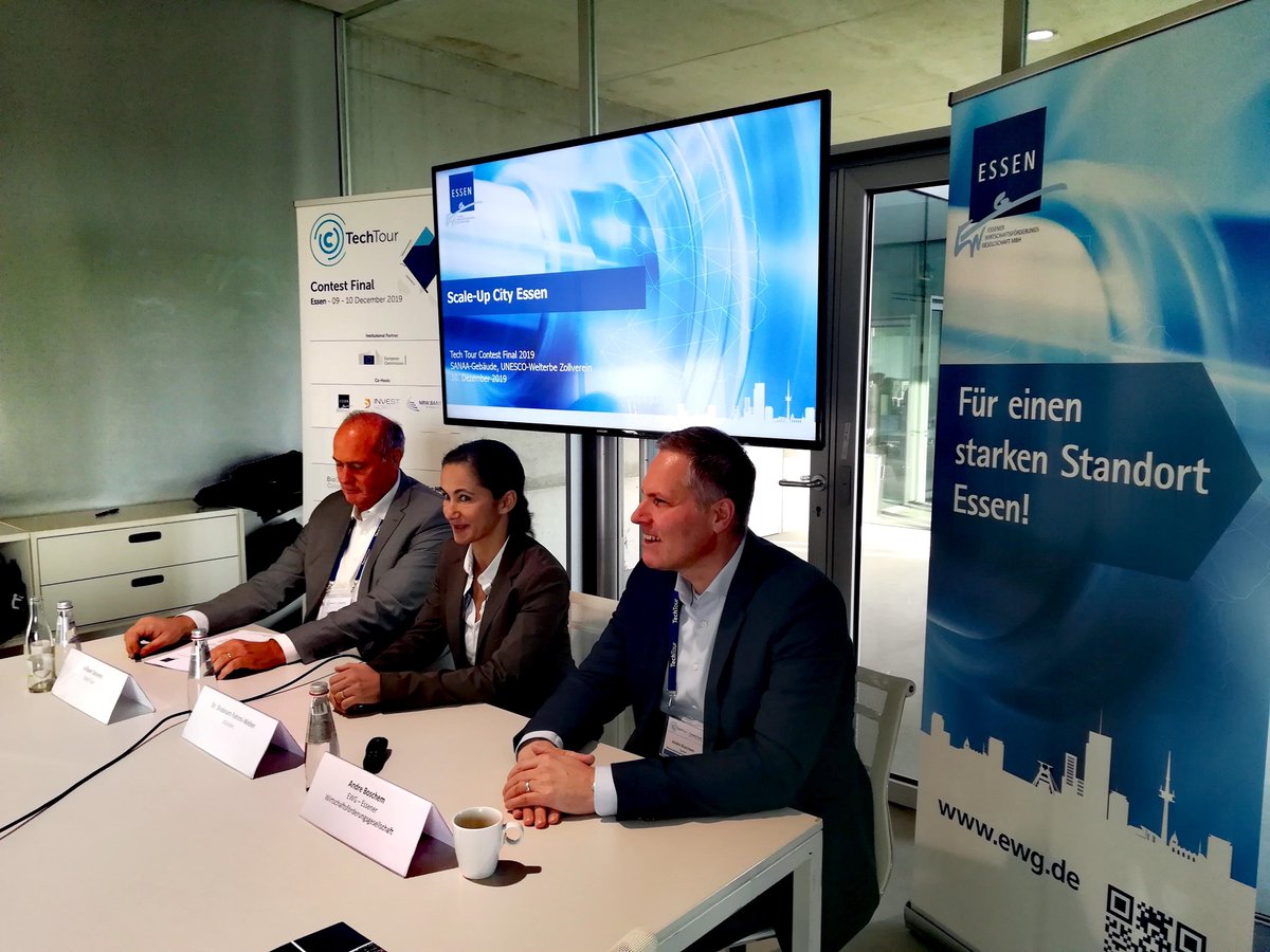 Tech Tour Contest Final 2019, 1st time in Essen. Press conference of Andre Boschem, Managing Director of EWG - Essen Economic Development Agency; William Stevens, Managing Director of the organiser Tech Tour; and Shabnam Fahimi-Weber, CEO of <a href="/dubidoc/">dubidoc</a>. #TTFinal19 @Essener_Wifoe