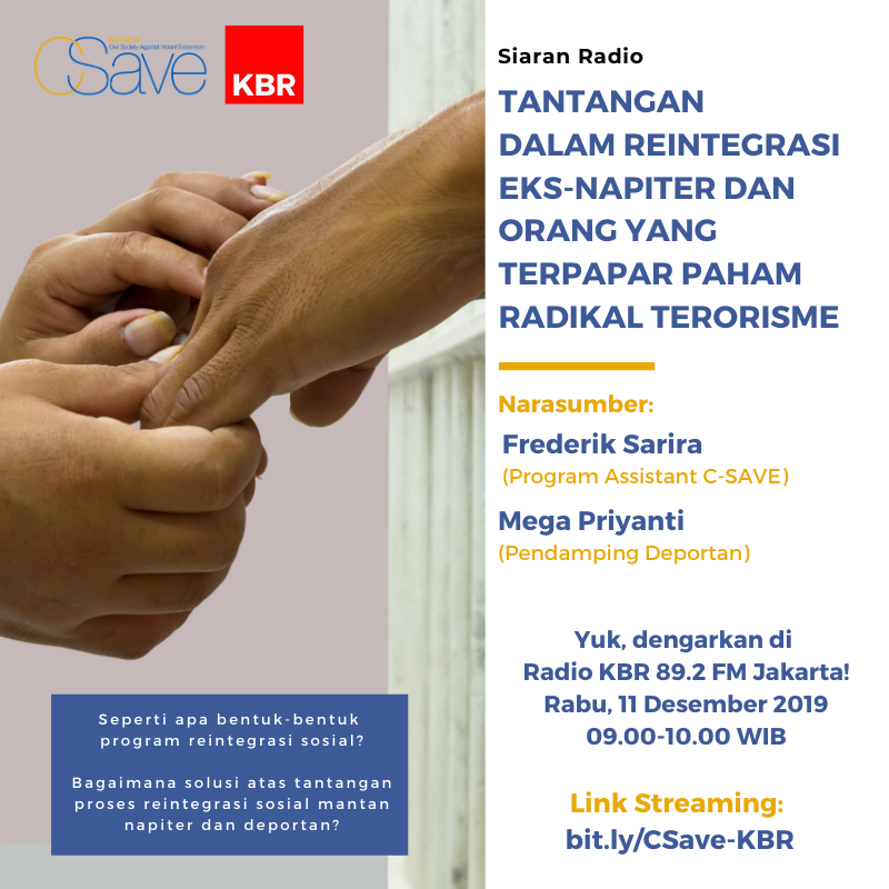 CsaveIdn's tweet photo. Halo, #SobatCSave! Besok kami akan kembali mengisi siaran @HaloKBR dengan tema yang berbeda, yaitu "Tantangan dalam Reintegrasi Eks-Napiter dan Orang yang Terpapar Paham Radikal Terorisme". https://t.co/giRSPEUsxV