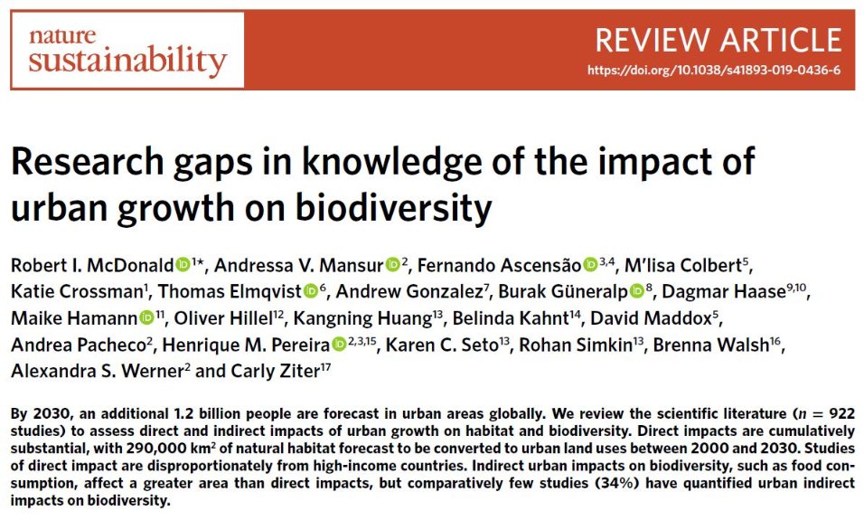 Ever wondered where the greatest impacts of #urbangrowth on #biodiversity might be? And what kinds of impacts people are studying? Or where the biggest knowledge gaps remain? Well then check out our new review paper led by the amazing <a href="/RobIMcDonald/">Robert Ian McDonald, Ph.D.</a>! nature.com/articles/s4189…