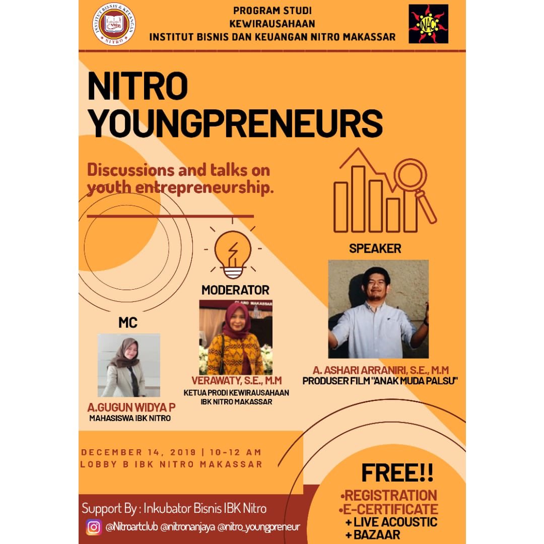 Let’s join us... @nitro_youngpreneur “Program Studi Kewirausahaan IBK Nitro” kolaborasi dgn adik2 <a href="/nitroartclub/">NITRO ART CLUB</a> dalam bisnis talk, bazaar dan live music.. Sabtu 14 Des 2019 pukul 10-12 wita..#IBKNitro #ProdiKewirausahaanNitro #nitroyoungpreneur #nitroartclub