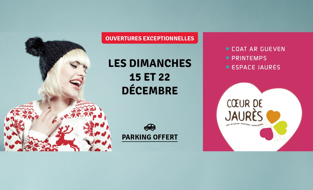 [OUVERTURES EXCEPTIONNELLES]
Les centres #CœurdeJaurès seront ouverts les dimanches 15 et 22 décembre de 10h30 à 19h.

Parfait pour préparer les fêtes de fin d’année sans stress !

#brest #noel #shopping