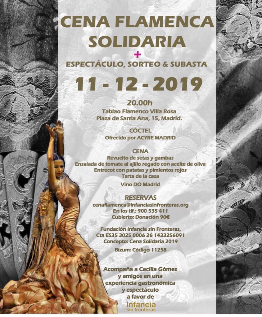 Cena flamenca por una buena causa: Infancia sin Fronteras este martes en <a href="/TablaoVillarosa/">Villa Rosa Flamenco Events</a>. <a href="/ISF_ONGD/">InfanciasinFronteras</a>
Info: infanciasinfronteras.org
☎ 900 535 411