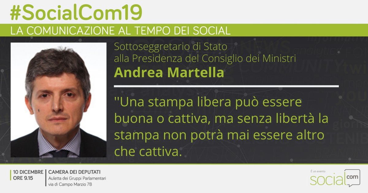 SocialComItalia's tweet image. Il Sottosegretario di Stato alla Presidenza del Consiglio dei Ministri con delega all'Informazione e all'Editoria, Andrea #Martella, a #SocialCom19.
