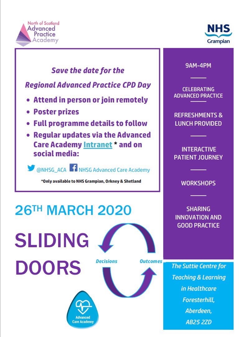 #SaveTheDate <a href="/AcademyNos/">NoS Advanced Practice Academy</a> Regional CPD day 26th Mar 2020. Booking arrangements 2 follow Jan. Apply study leave now! <a href="/NHSG_ACA/">NHSG_AdvancedCareAcademy</a> <a href="/gem_courtley/">Gemma Courtley</a> <a href="/karenjsimpson1/">karen simpson</a> <a href="/highlandanp/">Highland Advanced Nurse Practitioners</a> <a href="/SarahCattell5/">Sarah Cattell</a> <a href="/moggie39/">Alison Moggach</a> <a href="/scotia21_ogg/">helen gray</a> @rgumscanp <a href="/coletteh16/">Colette Henderson</a> <a href="/KatrinaCruicks2/">Katrina Cruickshank</a> <a href="/SaraMilligan12/">Milli</a> Pls RT widely 😀