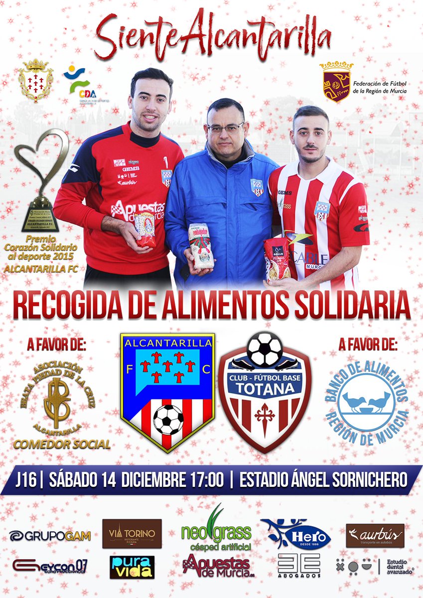 AlcantarillaFC's tweet photo. 👬 RECOGIDA DE ALIMENTOS👬

Saca tu lado más #SOLIDARIO 😇 y colabora trayendo alimentos no perecederos a nuestro último partido del año en el Ángel Sornichero. A beneficio del #ComedorSocial de Alcantarilla y el #BancoDeAlimentos de Murcia. #SienteAlcantarilla❤⚪ https://t.co/t8GniR0TcE