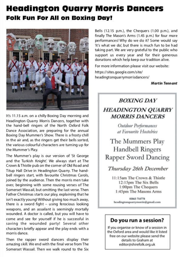 FolkShire's tweet photo. On Boxing Day #Headington Quarry #Morris Dancers will be performing a #Mummers Play and #RapperSword #Dancing at various locations in the Headington #Oxford area. Here is a piece about it from the latest Shire Folk @HeadingtonNews https://t.co/9Pw3KLiiGN