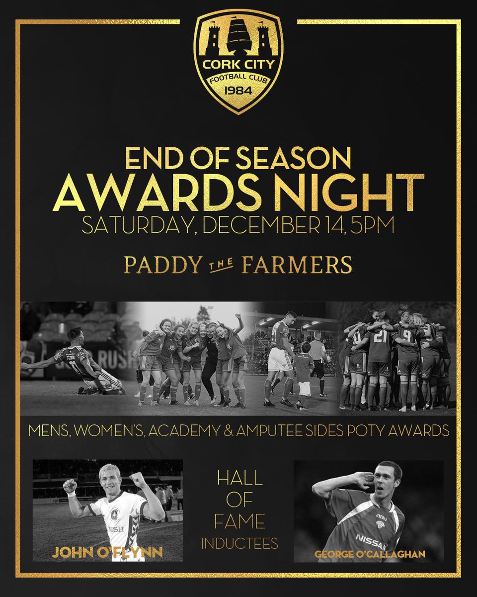 🏅Cork City FC Awards Evening
📌 Paddy The Farmers Bar &amp; Restaurant
📅 December 14th
⏰ 5pm 
#CCFC84