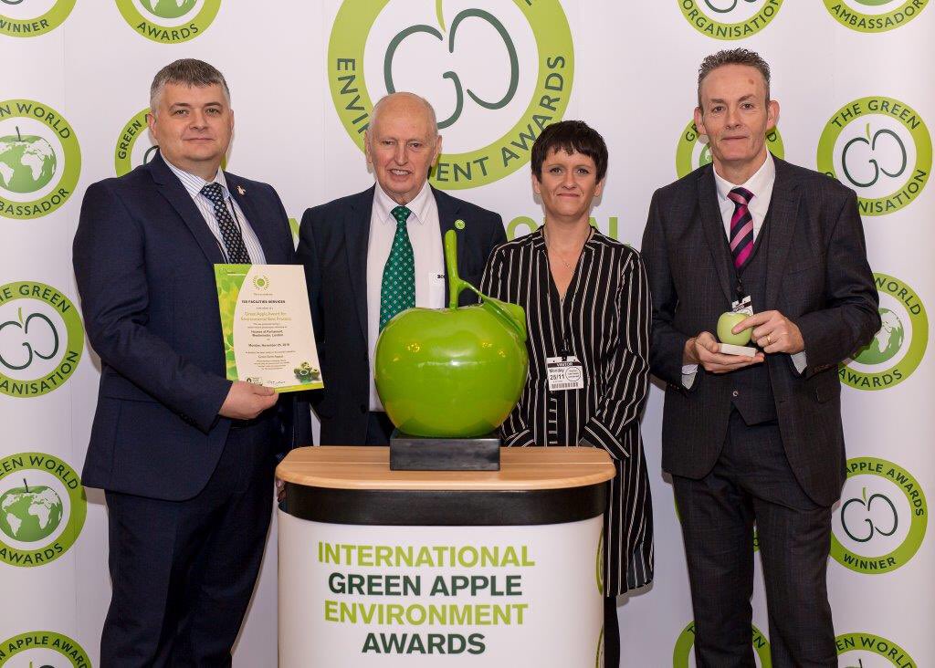 The ISS Leonardo contract team collecting the Green Apple Environmental Award. For introducing keep cups across the account and reducing waste @ISSGreatPeople @ISS_CR <a href="/PetraBliss/">Petra bliss</a> <a href="/LDO_Electronics/">Leonardo Electronics</a> #greenappleawards