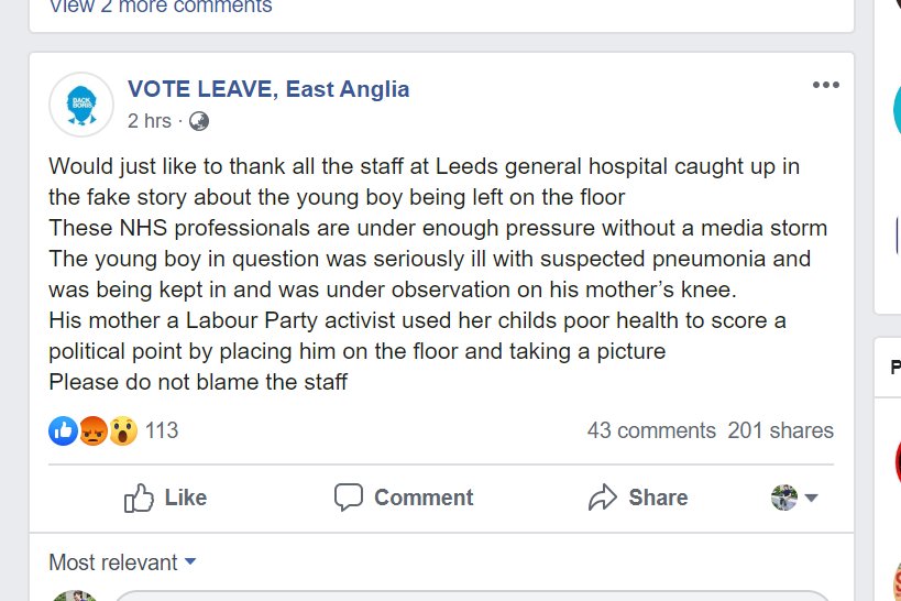 11/ Important update:  @roobinzuk got in touch to show that a post completing the narrative arc of the "hospital floor fake" was posted in the FB group "Vote Leave, East Anglia", a pro-Boris group with 13,500 likes. It was posted by the group administrator. Group links to