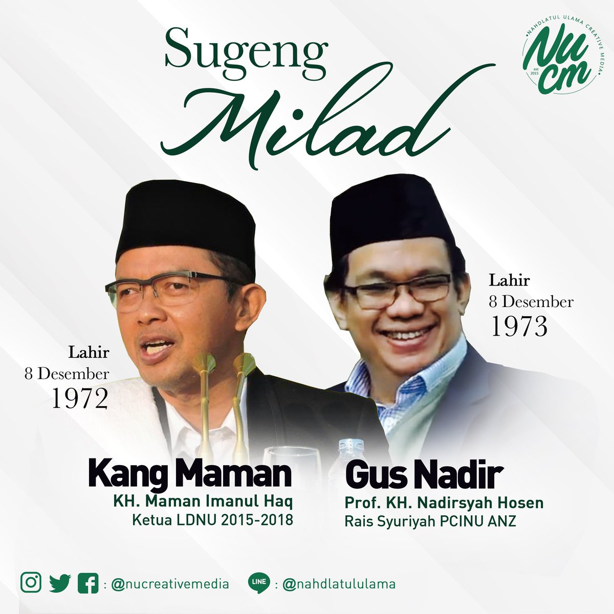 NUCreativeMedia's tweet photo. Sugeng milad para ahli ilmu, Kang Maman dan Gus Nadhir, semoga langkah yang anda ambil selalu mendapat ridho dari Allah SWT dan tak lupa semoga selalu memberi manfaat bagi sesama π
#nu #nahdlatululama #KangMaman #GusNadhir #PCINU #LDNU #PBNU https://t.co/wqzHQGYcMM