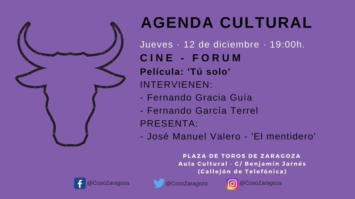 📢 ¡Reserva en tu agenda la tarde de este jueves, 12 de diciembre! Último día para disfrutar de cine 🎞 en el Coso de la Misericordia.

A las 19:00 hs se proyectará la película ‘Tú solo’. 

José Antonio Carretero finalmente no podrá acompañarnos por una reciente operación.