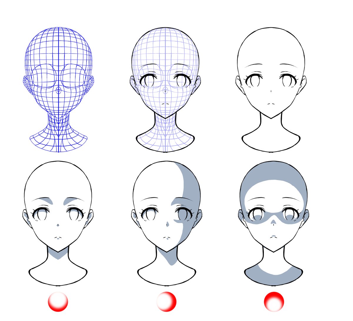 個人的正面顔の立体と光源 