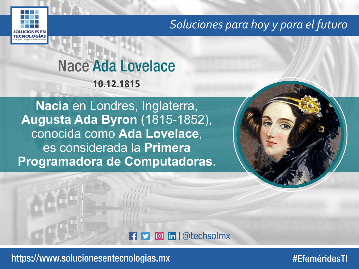 techsolmx's tweet photo. Un día como hoy (10/12/1815): Nacía en Londres, Inglaterra, Augusta Ada Byron (1815-1852), conocida como Ada Lovelace, considerada la Primera Programadora de Computadoras. https://t.co/0CrC3wWEpw

#EfeméridesTI #AdaLovelace #AugustaAdaByron #PrimeraProgramadora #Tecnologías #TIC https://t.co/swHJD8BYI4