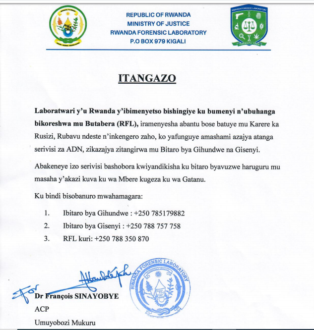 ForensicsRwanda's tweet photo. Dukomeje kubibutsa ko @ForensicsRwanda izegereza abatuye mu karere ka Rusizi n'inkengero zaho ko serivisi ya ADN izabegerezwa tariki ya 19 Ukuboza 2019.Abakeneye iyi serivisi mwakwiyandikisha ku bitaro bya Gihundwe buri munsi mu masaha y'akazi  cyangwa mukabariza kuri 0785179882 https://t.co/yRSsYE4hCo