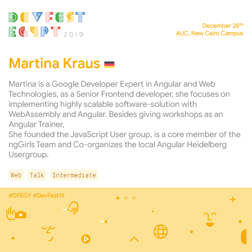 DevFestEgypt's tweet photo. From Germany to you, let’s say hello🇩🇪✨
Martina is a Web &amp; Angular Google Developer Expert “GDE”🎖
her talk will introduce you into the core principles of the new renderer Ivy, so let’s great Martina🎙

Registration: https://t.co/kZQohwRCkm

#DFEGY
#DevFest19
#EgyptDevFest19 https://t.co/zi9cZ4dNdA