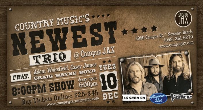 TeamCWByall's tweet photo. #LASTSTOP on the #WestCoast run for @CWBYall @caseyjames @adamwakefield.... and they are burning it up 🔥! TONIGHT at @JACKshrimp #NewportBeach #California !! Only a handful of tickets left!! 
Who’s going tonight to see #CountryMusics #MegaTrio’s  #OneOfAKind performance? https://t.co/FT3SQcaGdy