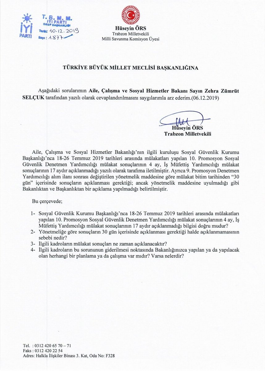 Sosyal Güvenlik Kurumu Başkanlığınca yapılan 10. Promosyon Sosyal Güvenlik Denetmen Yardımcılığı ve İş Müfettiş Yardımcılığı mülakat sonuçlarının neden açıklanmadığı, ne zaman açıklanacağını Sayın Bakan @ZehraZumrutS' a sorduk.

#SgkDntYardAcıklansın
#TrabzonunSesiMecliste