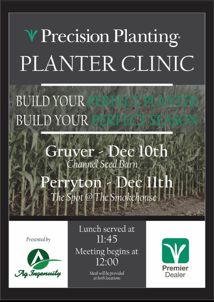 Don’t forget today is our Precision Planting planter clinic in Gruver at the Channel seed barn! Lunch will be served at 11:45 followed by the meeting at 12:00.