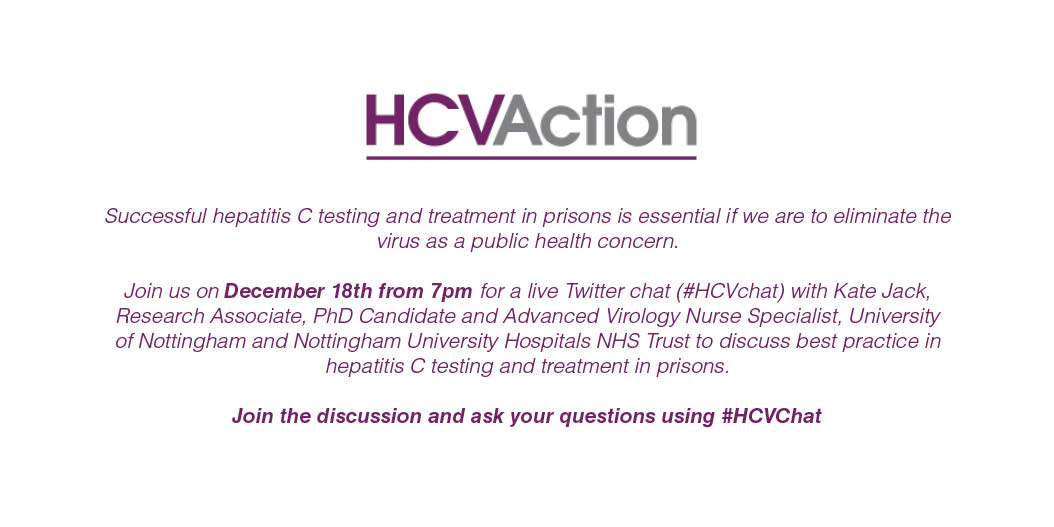 HCVAction's tweet photo. Our next #HCVChat is coming up next week.
Join us on Wednesday evening with your questions about hepatitis C testing and treatment in prisons. https://t.co/63jNuGYpQU