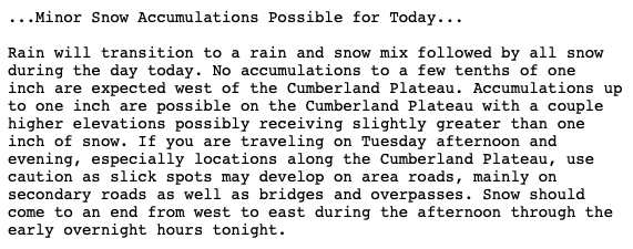 rucoschools's tweet photo. At this time, no reason to believe we will be closing early today, but we are meeting regularly throughout the morning to assess the most up-to-date forecast. 

National Weather Service says to expect little to no accumulation west of the Cumberland Plateau.

NWS: 

@RCS_Bus https://t.co/gZW51gkHkv