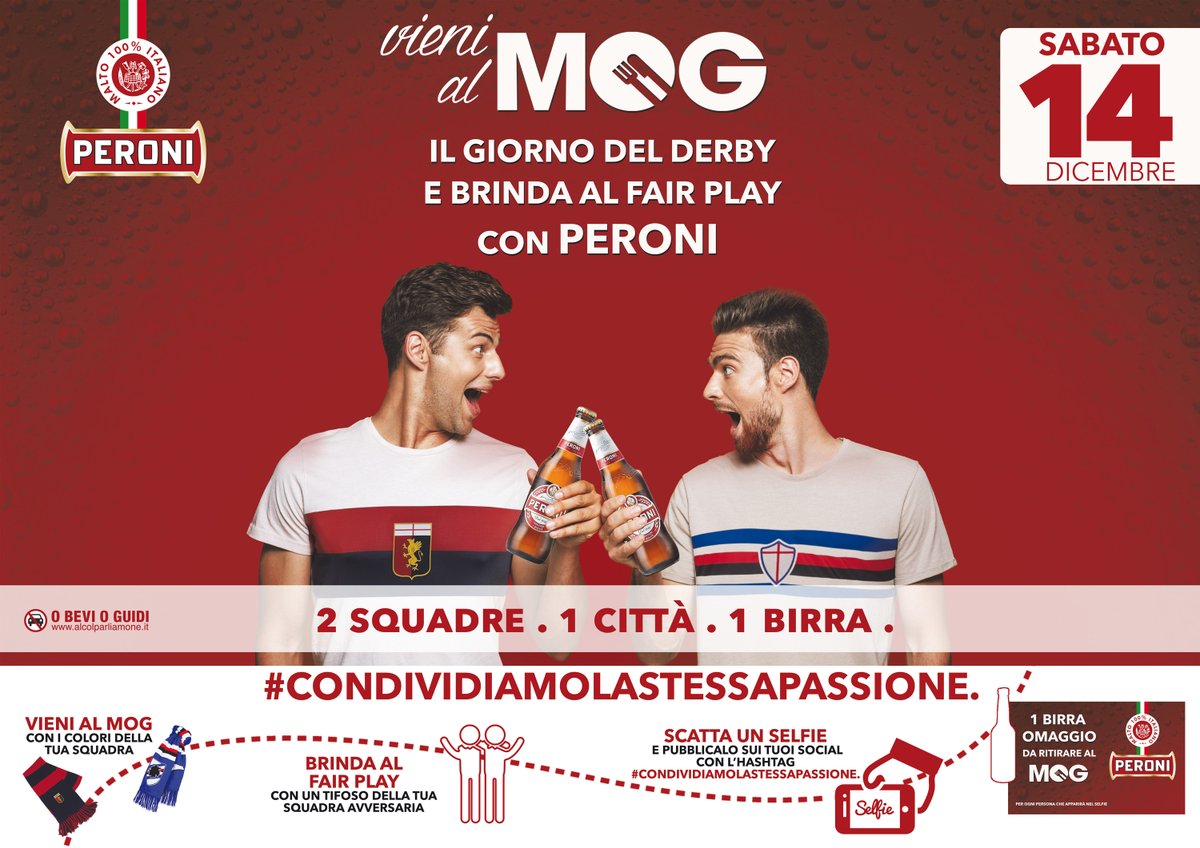 GenovaMog's tweet photo. ✅ vieni al MOG con i colori della tua SQUADRA
✅ fai un gesto di fair play con un tifoso avversario
✅ scatta un selfie*e pubblicalo sui tuoi social con l'hashtag #CONDIVIDIAMOLASTESSAPASSIONE
Avrai una birra OMAGGIO
* scopri come sul sito https://t.co/fF7j7pq20S https://t.co/GefAb8EXJv