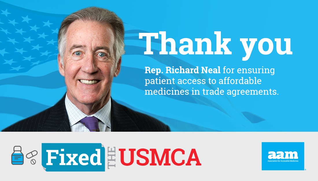 AccessibleMeds's tweet photo. Thank you @RepRichardNeal for your leadership to #FixUSMCA for the benefit of America's patients. We appreciate all you have done to ensure all Americans have access to affordable generic and biosimilar medicines. https://t.co/N8i11pBjY0 #FixedUSMCA https://t.co/NB1zOnmG1U