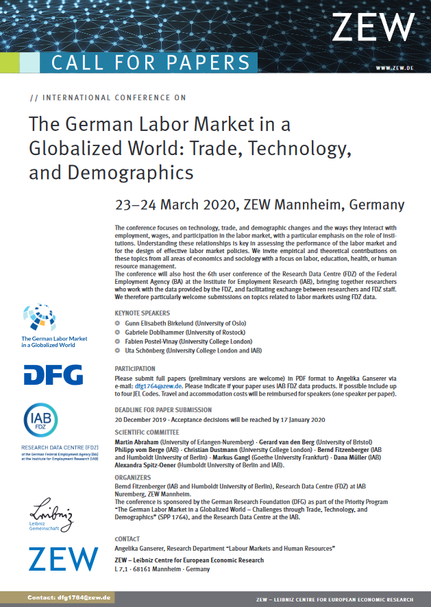 zew_en's tweet photo. #CallforPapers: International Conference on The German #LaborMarket in a #GlobalizedWorld – #Trade, #Technology and #Demographics organised by #ZEW and @iab_news, sponsored by @dfg_public in #Mannheim on 23 and 24 March 2020 https://t.co/hAGGygNOAm /SE #CfP https://t.co/7d2MVmqV4q