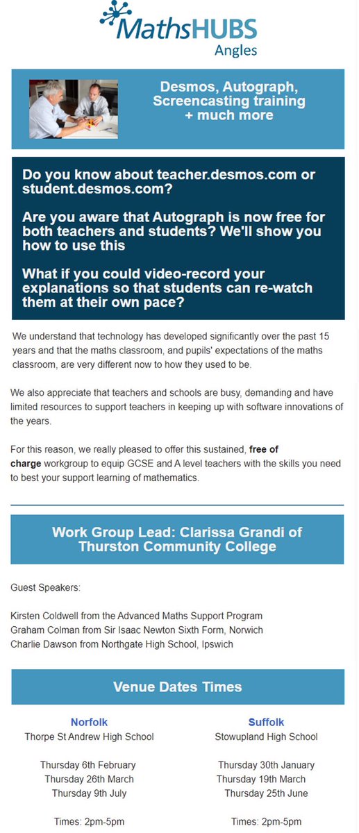 c0mplexnumber's tweet photo. Excited to be leading this popular @AnglesMathsHub work group again this year! Come along - a choice of two locations, one in Suffolk and one in Norfolk ๐
#ALevelTechnology featuring #Desmos #Autograph #Screencasts #Excel #LDS #GraphicsCalculators #MEITasks #UndergroundMaths https://t.co/gyYoVp4F7d